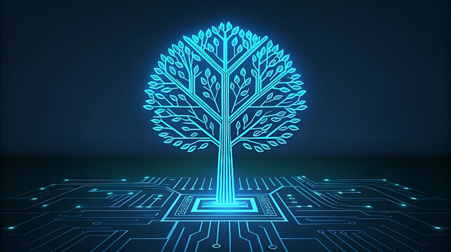 Glowing blue digital tree on circuit board technology