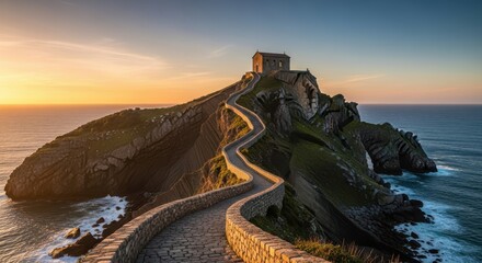 Majestic rocky island castle at sunset with dramatic ocean waves crashing below