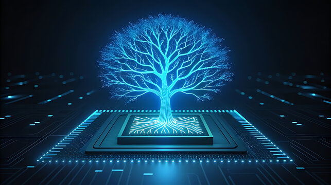 Glowing blue digital tree on circuit board technology 4 - Powered by Adobe