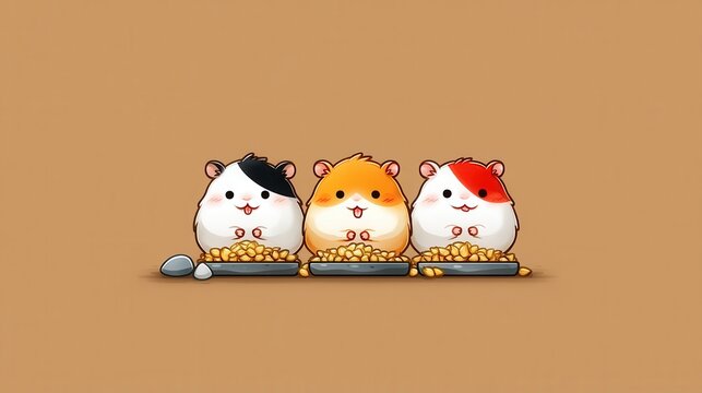 Three cute cartoon hamsters with different colored patches eat together from bowls on a plain brown background. - Powered by Adobe