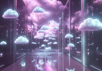 A futuristic data center with floating holographic cloud icons, symbolizing serverless architecture.