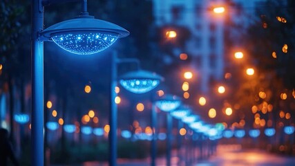 Row of streetlights situated along a road, suitable for urban landscape or cityscape use