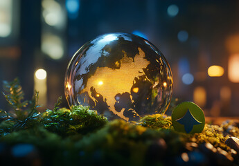 Obraz premium A glass globe with the map of Europe inside, placed on moss and surrounded by greenery