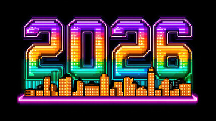 Festive year 2026 celebration with futuristic retro video game design. Colorful neon pixel art text over vibrant cityscape skyline creating fun, exciting mood