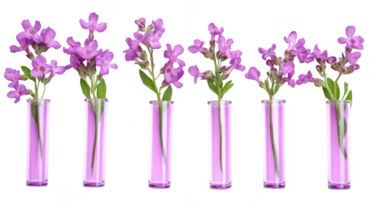 A arrangement of purple flowers elegantly displayed in clear test tubes. a modern floral design. ideal for home decor or botanical illustrations. with a clean white background