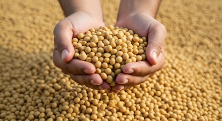 A Farmer's Hands Cupped and Overflowing with Freshly Harvested Golden Soybeans