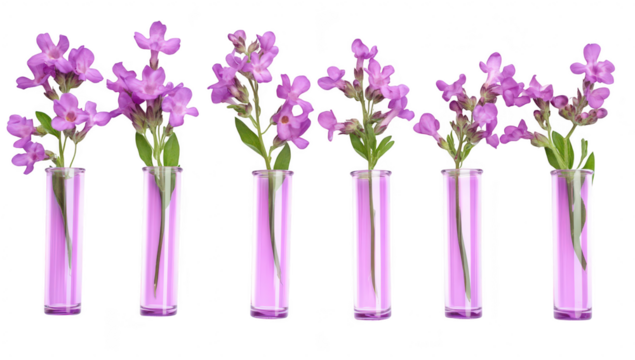 A arrangement of purple flowers elegantly displayed in clear test tubes. a modern floral design. ideal for home decor or botanical illustrations. with a clean white background
