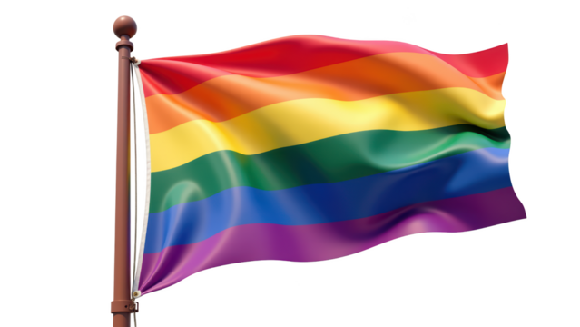 Vibrant rainbow flag waving in wind, symbolizing diversity and inclusivity. This colorful flag represents pride and unity