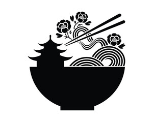 Stylized black silhouette of a bowl of ramen noodles with chopsticks and cherry blossoms