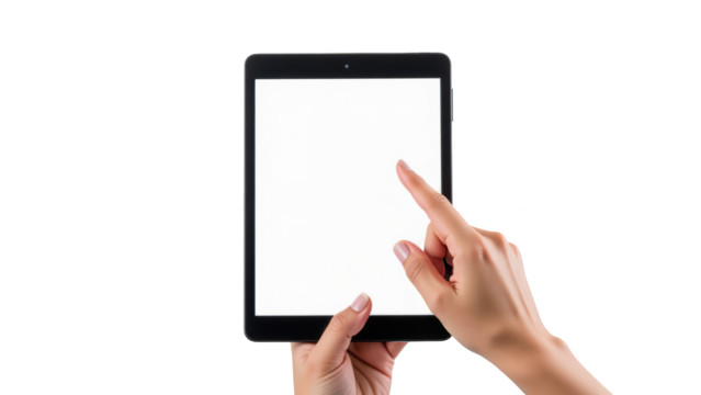 Person using tablet device with blank screen, showcasing hand interacting with technology. image conveys sense of modern communication and digital