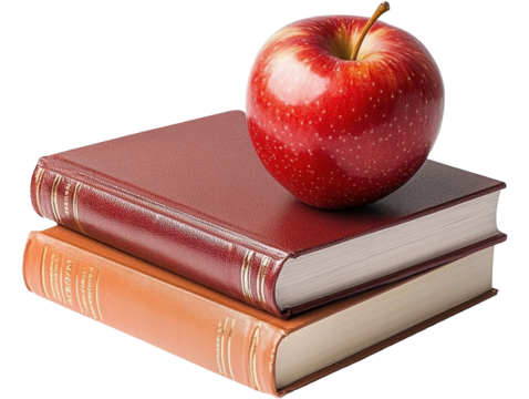 A Red Apple Resting on a Stack of Two Leather-Bound Books, Symbolizing Knowledge, Education, and the Joy of Reading on transparent background