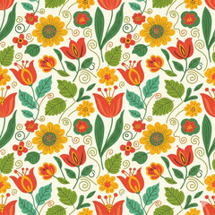 Seamless Botanical Floral Pattern &ndash; Colorful Decorative Flower and Leaf Background