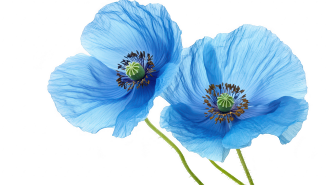 A close-up view of two blue poppy flowers with delicate petals and intricate details. set against a clean white background. ideal for nature-themed designs and floral arrangements