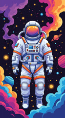 Colorful Astronaut Floating in Space with Planets and Nebula