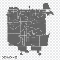 High Quality map Des Moines is a city  of United States, with borders of the districts. Map Des Moines of Iowa for your web site design, app, UI. EPS10.