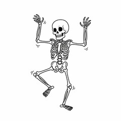 Cartoon Skeleton Dancing with Arms Raised and One Leg Bent in Line Art.