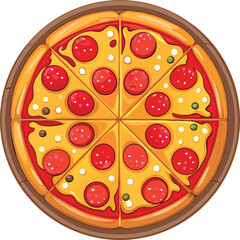 Delicious Italian pizza vector illustration with pepperoni, salami, cheese, and tomato isolated on a white background for a tasty lunch or dinner snack