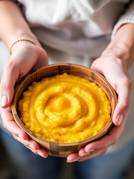 Person's hands holding a wooden bowl full of freshly made, bright yellow cornmeal mush.