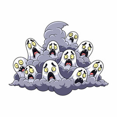 Cartoonish Ghosts Emerging from Smoky Cloud with Scared Expressions.