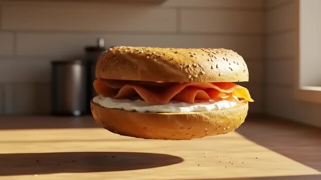 A freshly made bagel sandwich with smoked salmon and cream cheese floating above a wooden table