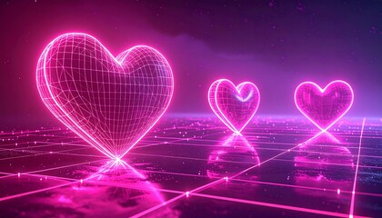 Neon hearts on a digital grid