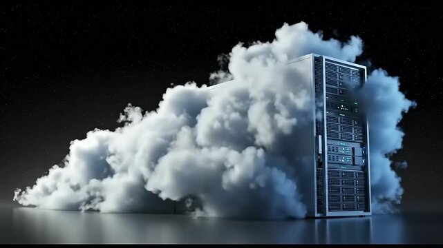 A futuristic server tower emerging from dense clouds against a starry night sky, symbolizing technology