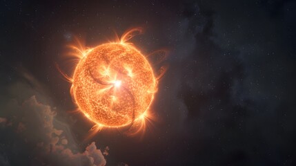 A dramatic and artistic high-resolution depiction of a bright, glowing sun or star. Its fiery surface and solar flares are visible against a dark, cloudy, and starry cosmos.
