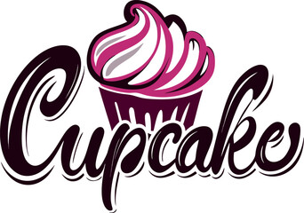 A vector illustration of an ice cream sign with a chocolate cupcake and cherry on a sweet dessert label