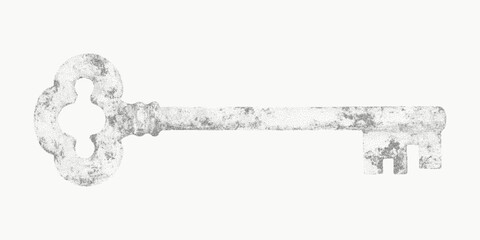 Key with an aged surface. Abstract ink shape with dusty threshold texture scattered grit and soft paper grain. Faint speckle marks and dry brush give a worn surface.