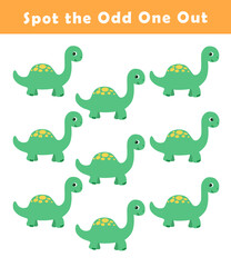 Spot the odd one out for toddlers. Find the difference for kids. Educational quiz worksheet with cute dinosaur illustration. Logical activity for children. 