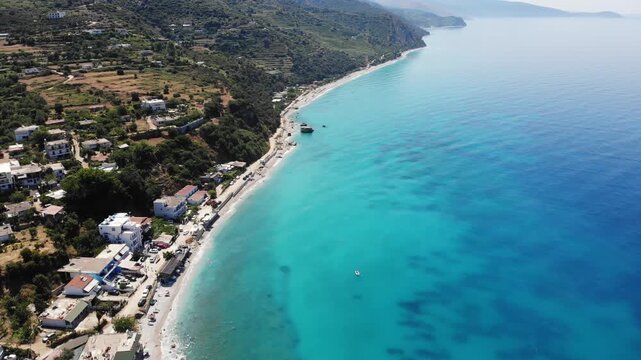 Albanian Riviera view in summer. Borsh beach in Vlore County, Albania. Drone point of view.