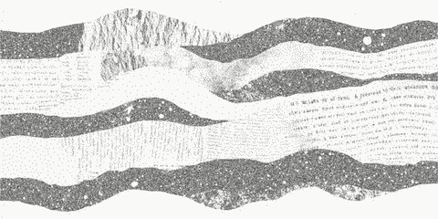 Collage background with scraps of paper. Abstract shape with stippled grain dusty noise and soft threshold edges. Rough paper texture with scattered ink marks and faint scratches.