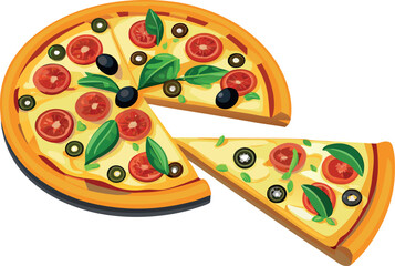 Delicious slice of Italian pizza with pepperoni and cheese on a white background for fast food illustration