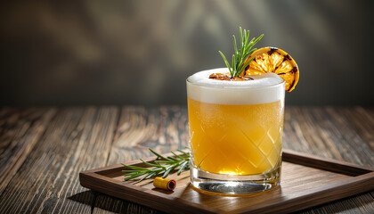 Whiskey sour with rosemary garnish against a dark textured backdrop with copy space