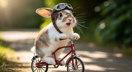 Adorable Bunny Rabbit Riding a Bicycle with Aviator Goggles in a Sunny Outdoor Setting