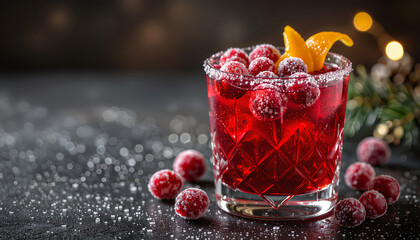 Sparkling cranberry punch in glass against a dark textured backdrop with copy space
