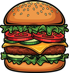 Cartoon Hamburger Illustration with Lettuce, Tomato, Cucumber, Cheese, and Beef Patty – Colorful Layered Fast Food Design with Sesame Seed Bun