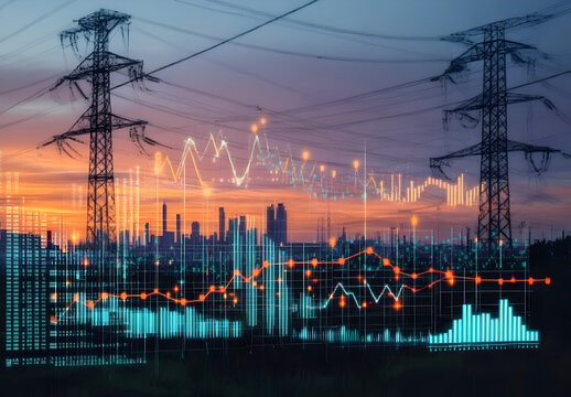 A high quality photo of high-voltage power lines against the backdrop of the sunset sky with graphs of electricity consumption statistics