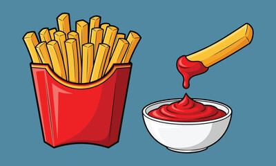Cartoon French Fries Illustration with Red Container, Ketchup Bowl, and Dipping Fry on Blue Background – Playful Fast Food Design for Snack or Dining Themes