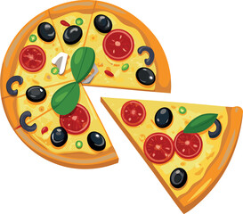 Delicious Italian pizza with salami, cheese, and tomato on a white background, perfect for a fast dinner or lunch slice