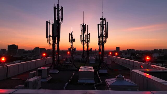 Urban rooftop telecommunication base station with cellular antennas and red warning lights at dusk, highlighting critical infrastructure for wireless network connectivity