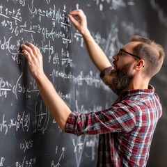 A man writes complex mathematical equations on a chalkboard in a classroom setting.