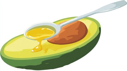 Avocado half with oil, spoon
