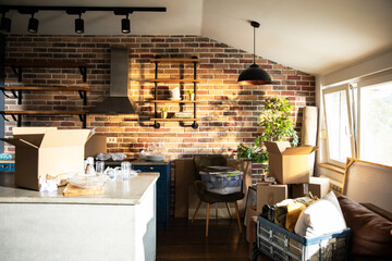 Cozy kitchen with moving boxes