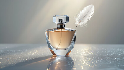 Liquid mercury perfume bottle with floating feather against a frosted glass backdrop with copy space