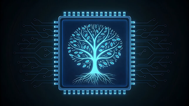 Glowing blue tree of life inside a computer chip dna helix