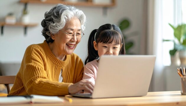 Young girl and grandmother sitting at a desk, looking at a laptop. Two generations using technology together