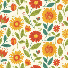 Seamless Botanical Floral Pattern &ndash; Colorful Decorative Flower and Leaf Background