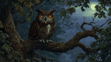 Owl perched in moonlight forest