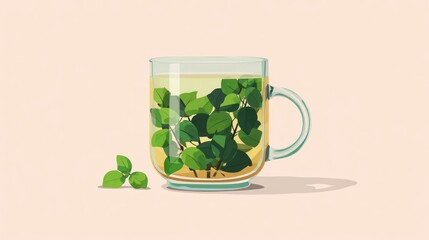 Clear glass mug with herbal tea and leaves
